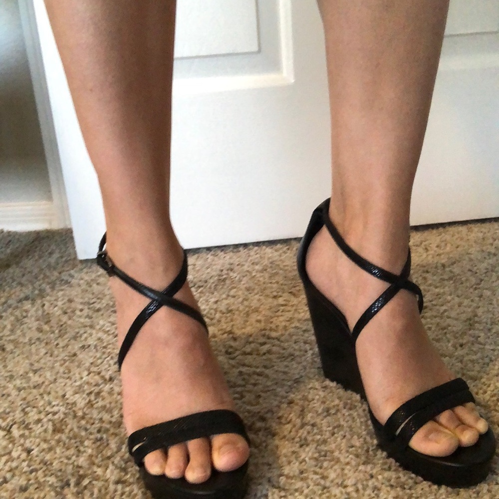 White House Black Market platform wedge black strappy heels, Leighton 7.5 M